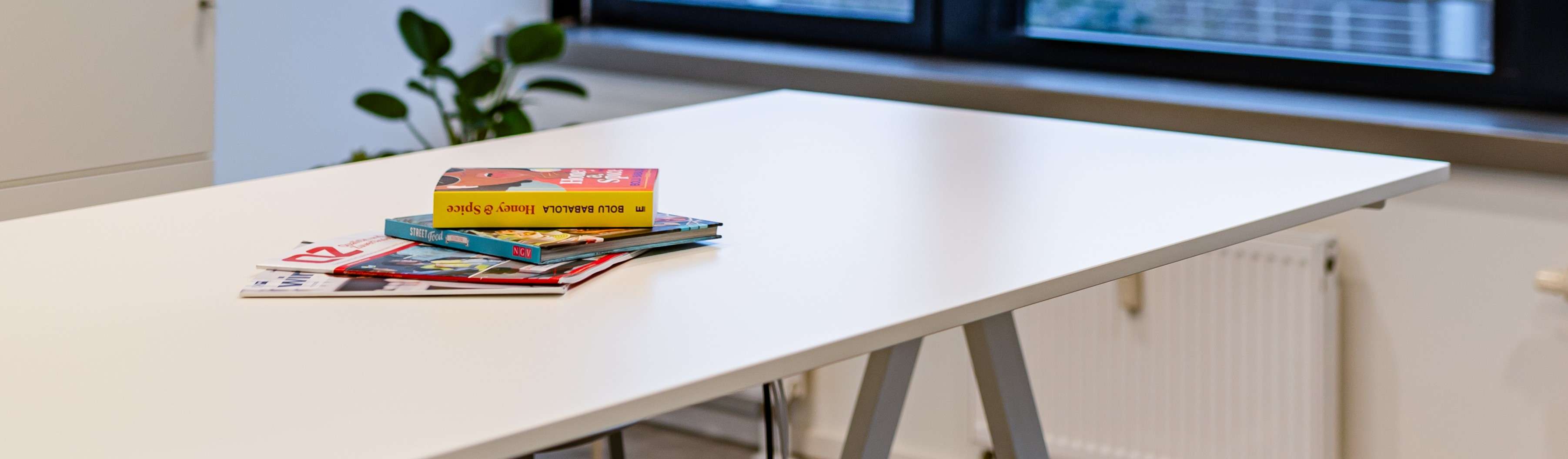 Bild aus dem Büro mit Blick auf einen Tisch mit Büchern